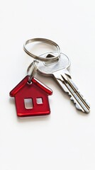 A key with a red house-shaped keychain, symbolizing home ownership and security.