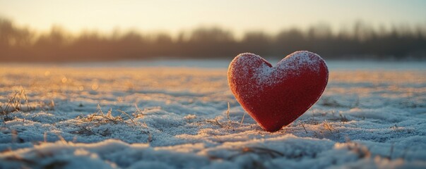 Fototapeta premium Heart-shaped symbol in snowy landscape at sunrise reflecting love and nature