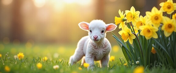 Joyful young lamb exploring a vibrant daffodil garden under soft morning light, symbolizing Easter renewal. Greeting card, banner or for Spring Equinox or Happy Easter promotion