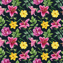 Seamless floral easter pattern with pink lilies, yellow daffodils, green leaves. Watercolor illustration spring print 
