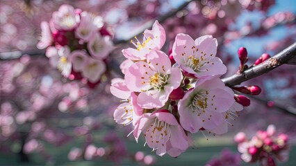 Delicate pink crab apple blossoms on branch with soft green background, showcasing vibrant petals and budding flowers in spring sunlight.