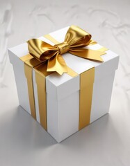 Obraz premium Golden bow tied to a white gift box with a lid, sophisticated, white gift box, high quality