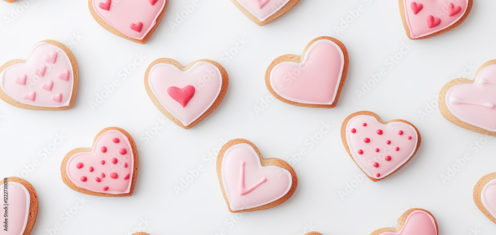 Poster heart shaped cookies with pink icing and decorative patterns create delightful and festive display, 