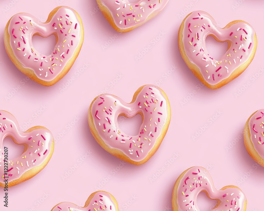 Poster heart shaped donuts with pink icing and colorful sprinkles create delightful pattern on soft pink ba