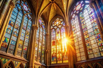 Fototapeta premium Golden hour sunlight filters through a stained glass window in a majestic cathedral, colors, warm tones, hues