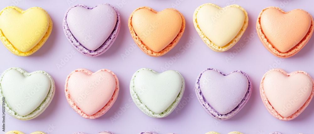 Poster heart shaped macarons in pastel colors arranged in neat pattern, creating delightful and visually ap