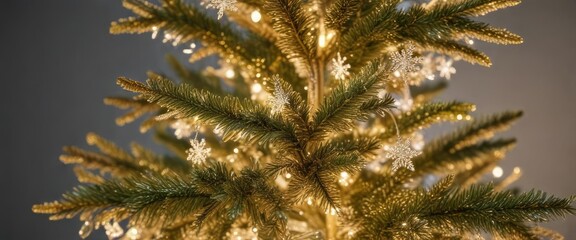 Golden metallic tinsel strips attached to the branches of a mini artificial Christmas tree with sparkling snowflakes, winter wonderland, festive