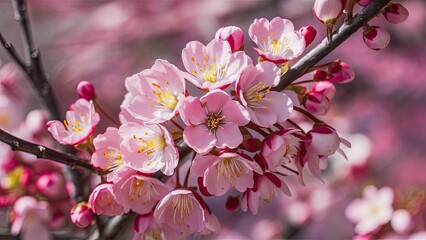 Obraz premium Pink cherry blossom cluster on a branch with soft pink hues in the background, showcasing delicate petals and bright yellow centers in focus.