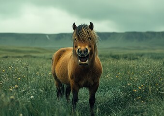 Naklejka premium Charming Close-Up of a Smiling Brown Pony Standing in Lush Green Field Under Dramatic Cloudy Sky with Rolling Hills in the Background