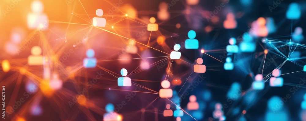Poster abstract digital network of human icons connected by glowing lines and nodes