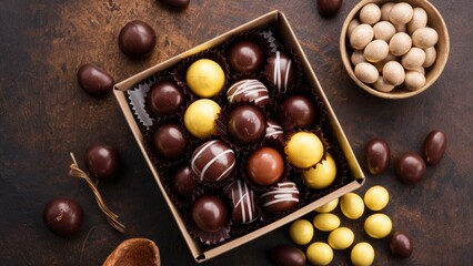 Assorted gourmet chocolates in a cardboard box with yellow and dark chocolate truffles arranged artistically on a rustic wooden background.