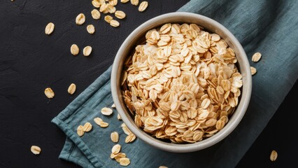 Bowl of oat flakes on a teal linen napkin with scattered oats on a dark surface ideal for health-conscious vegan food concepts.