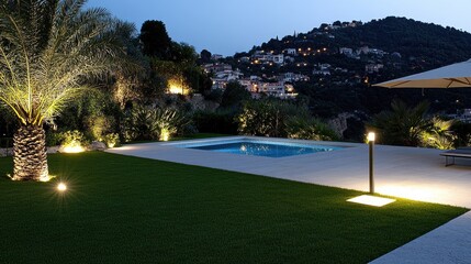 Enjoy a tranquil summer night with an illuminated lawn lamp, lush garden, and a refreshing swimming pool in a scenic hillside setting
