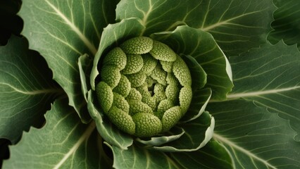 Obraz premium Fresh green cabbage with intricate leaf patterns in a close-up view, showcasing vibrant green tones and a centered spiral design for culinary themes.