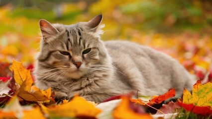 Silver tabby cat resting amid vibrant autumn leaves in shades of orange, yellow, and red, with a soft blurred background of nature.