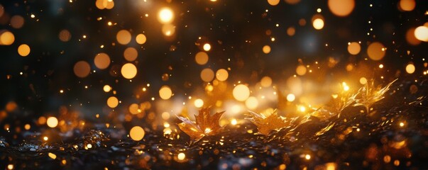 Naklejka premium Golden autumn leaves with glowing bokeh lights in a dreamlike forest setting