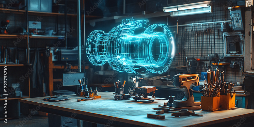 Poster futuristic electric motor hologram projected on desk in workshop setting with tools and components s