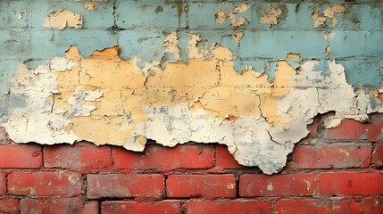 A background of an aged brick wall with faded graffiti and peeling paint.