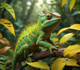 Obraz premium Green and yellow chameleon blending in with leaves , tree, wildlife