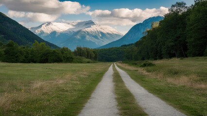 Tranquil rural path leading towards majestic snow-capped mountains under a blue sky with scattered clouds lush green trees on both sides