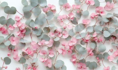 Fototapeta premium Pattern made of pink flowers and eucalyptus branches on white background. Valentines day, mothers day, womens day concept