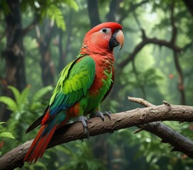Obraz premium Green and red vibrant parrot perched on a branch in the forest, wildlife encounter , foliage, green and red feathers