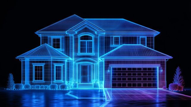 Futuristic digital representation of a suburban house with illuminated outlines and details in vibrant blue color
