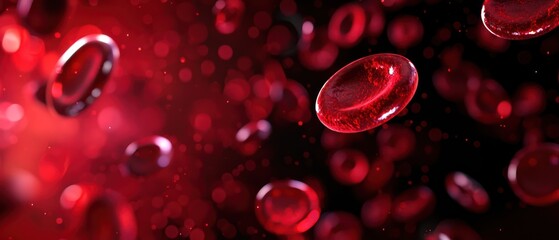 A close-up view of red blood cells floating in a dark, abstract background.