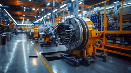 Fototapeta premium An airplane engine manufacturing plant where precision engineering meets innovation. Engineers assemble turbine components with meticulous care, ensuring performance and safety in aviation.