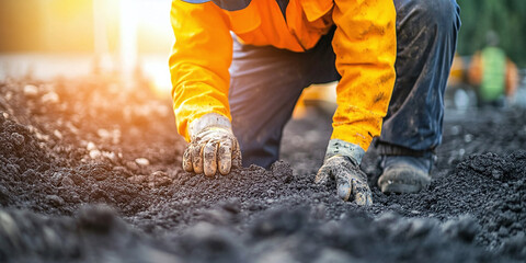 Geotechnical engineer wearing safety gear and conducting soil stability test in construction site