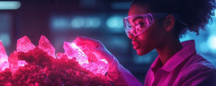 A scientist examines colorful crystals under a bright laboratory light, showcasing the beauty and intricacy of natural formations.