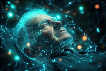 Artistic concept of an elderly man connected to a glowing medical system, symbolizing advanced health services for long life