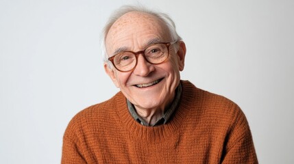 Obraz premium A joyful elderly man, smiling warmly, wearing a sweater, isolated on a clean white background,