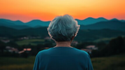 Fototapeta premium Elderly woman watching the sunset in a small town, symbolizing aging society s social changes