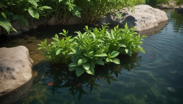 Green stems and leaves of alternanthera sessilis growing from the bottom of a pond, swamp plants, submerged growth, wetlands