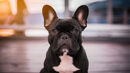 Portrait of a black French Bulldog with bright eyes and prominent ears, centered in the image against a softly blurred, warm background.
