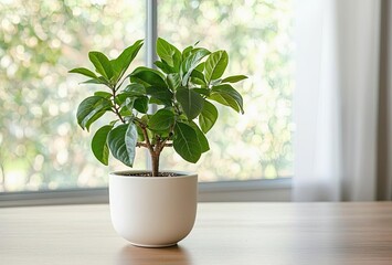Fototapeta premium Neutral colors minimalist concept. A lush indoor plant in a modern pot enhances the serene atmosphere of the room.