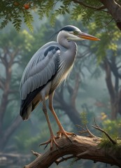 Fototapeta premium Grey heron perched on a tree branch holding a large fish in its beak, bird of prey, wildlife