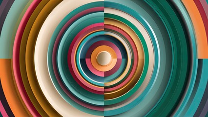 Fototapeta premium Colorful abstract circular design with layered concentric circles in teal, cream, and coral arranged centrally on a textured background.