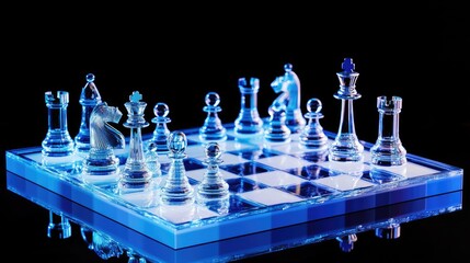 Glass chess pieces on a blue board, strategy game, dark background, business concept