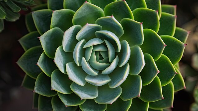 Lush green sedum succulent viewed from above showcasing its intricate rosette structure with vibrant layers of plump leaves on a dark background.