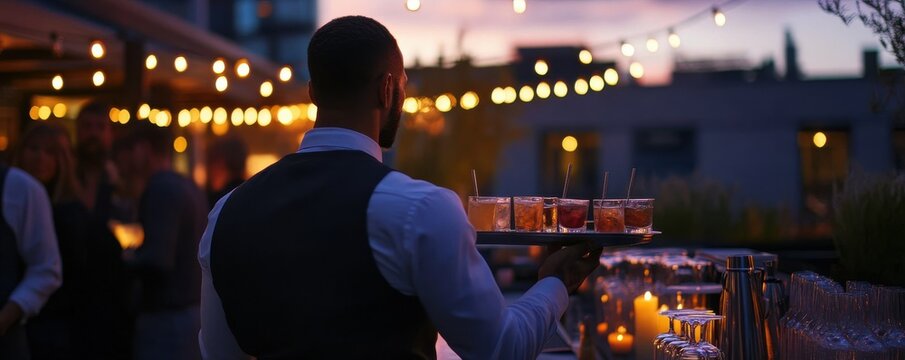 African adult male server holding tray of cocktails at outdoor evening event