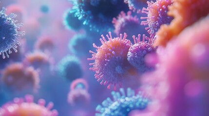 Fototapeta premium Vibrant depiction of microscopic viruses floating in a colorful digital environment during scientific exploration