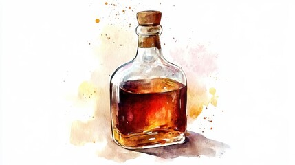 Beautifully crafted glass bottle filled with amber liquid resting on a soft surface with watercolor splashes in the background