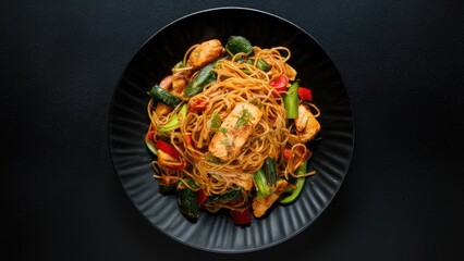 Aerial view of colorful Schezwan noodles with chicken and mixed vegetables on a textured black plate against a smooth black table background