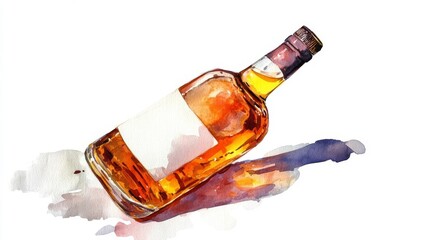 Bottle of amber whiskey leaning on a surface with soft shadows and a warm glow in a minimalist artistic style