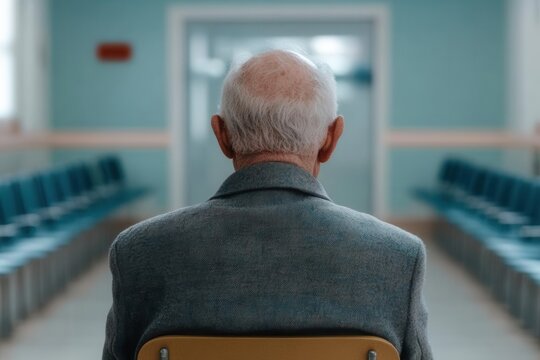 Elderly man sitting in a crowded hospital waiting room, reflecting the social strain on healthcare systems