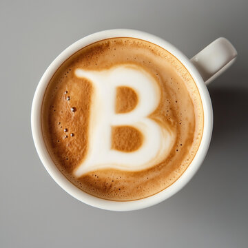 A coffee cup with latte art in the shape of the letter "B"