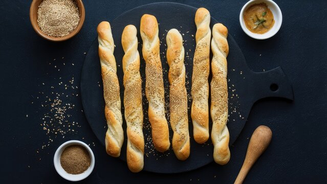 Homebaked sesame and cumin breadsticks arranged on a black surface with spices in bowls and a wooden spoon creating a rustic culinary scene.