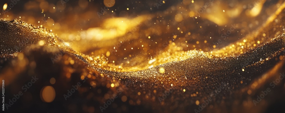 Poster glittering golden particles on dark background creating a wave-like abstract texture